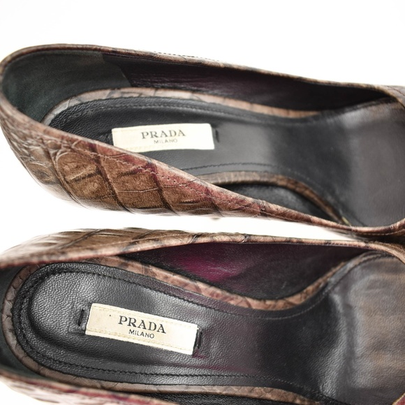 PRADA: Brown, Leather "Alligator" Platform Heels - Picture 6 of 8
